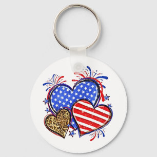 Leopard American Flag Heart 4th of July USA  Key Ring