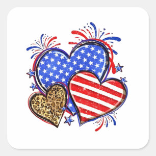 Leopard American Flag Heart 4th of July USA  Square Sticker