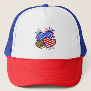 Leopard American Flag Heart 4th of July USA Trucker Hat