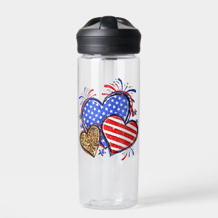Leopard American Flag Heart 4th of July USA  Water Bottle