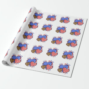 Leopard American Flag Heart 4th of July USA  Wrapping Paper
