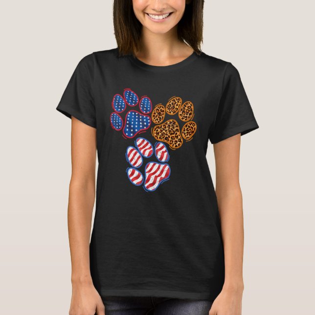 Leopard American Flag Hearts 4th Of July Dog Paw P T-Shirt (Front)