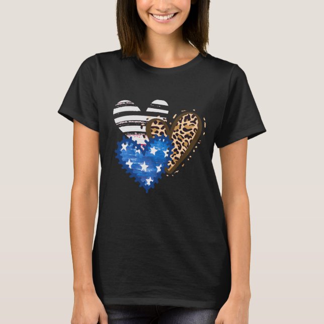 Leopard American Flag Hearts 4th of July Gift T-Shirt (Front)