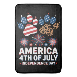 Leopard American Flag Hearts Cute 4th of July Bath Mat