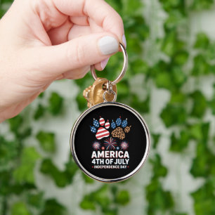 Leopard American Flag Hearts Cute 4th of July Key Ring