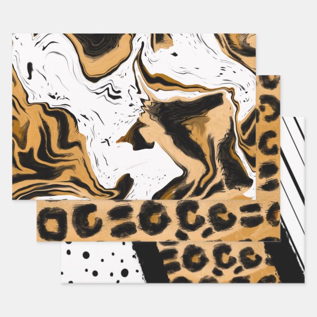 Leopard and Black and White Stripes and Polka Dots Wrapping Paper Sheet (Set)