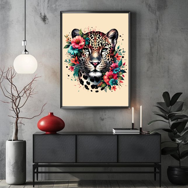 Leopard and Flowers in Stunning Watercolor Poster (Leopard and Flowers in Stunning Watercolor Poster)