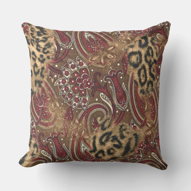 Leopard and Paisley Pattern Print Cushion (Front)