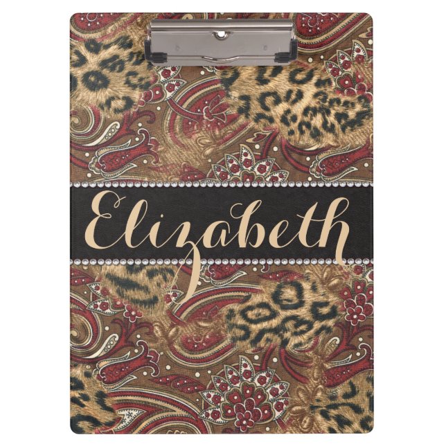 Leopard and Paisley Pattern Print to Personalise Clipboard (Front)