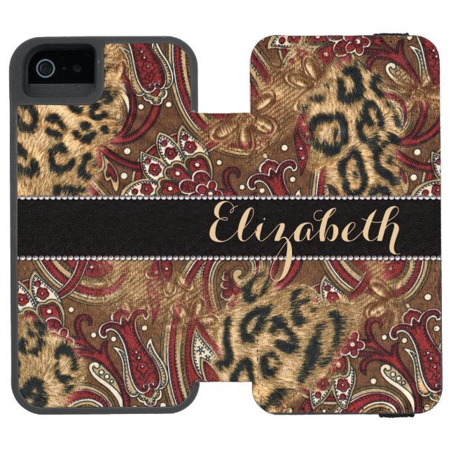 Leopard and Paisley Pattern Print to Personalise Incipio iPhone Wallet Case (Folio Open)