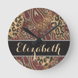 Leopard and Paisley Pattern Print to Personalise Round Clock