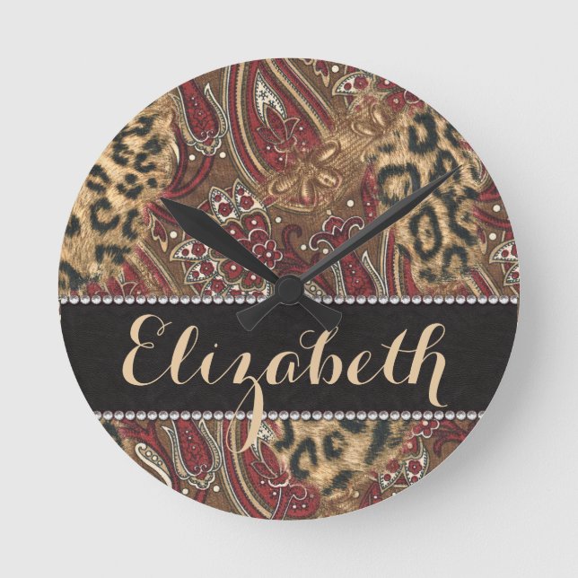 Leopard and Paisley Pattern Print to Personalise Round Clock (Front)