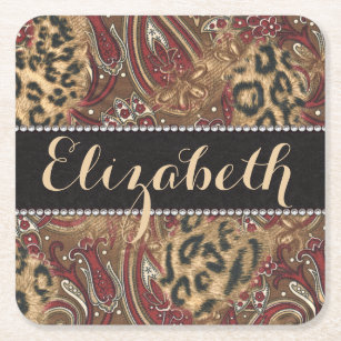 Leopard and Paisley Pattern Print to Personalise Square Paper Coaster