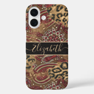 Leopard and Paisley Print Personalise Name iPhone 16 Case