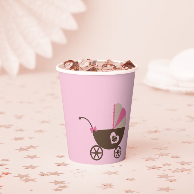Leopard and Pink Baby Shower Paper Cups (Leopard Baby Shower Paper Cups featuring an adorable baby stroller carriage)