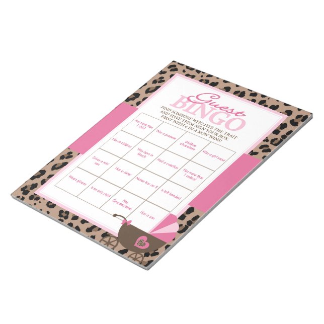 Leopard and Pink Guest Bingo Baby Shower Game Pack Notepad (Angled)