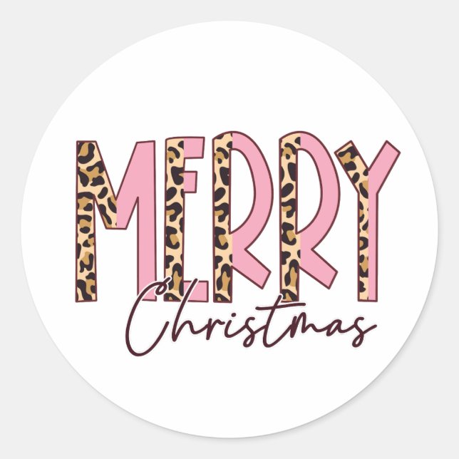 Leopard and Pink Lettering Pattern Merry Xmas Classic Round Sticker (Front)
