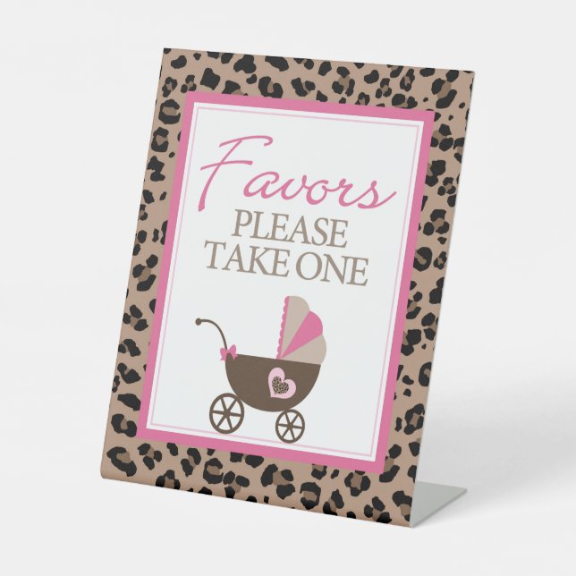 Leopard and Pink Party Favour Baby Shower Pedestal Sign (Front)
