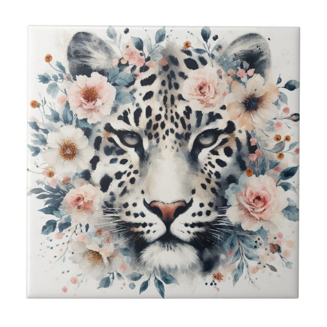 Leopard and roses ceramic tile (Front)