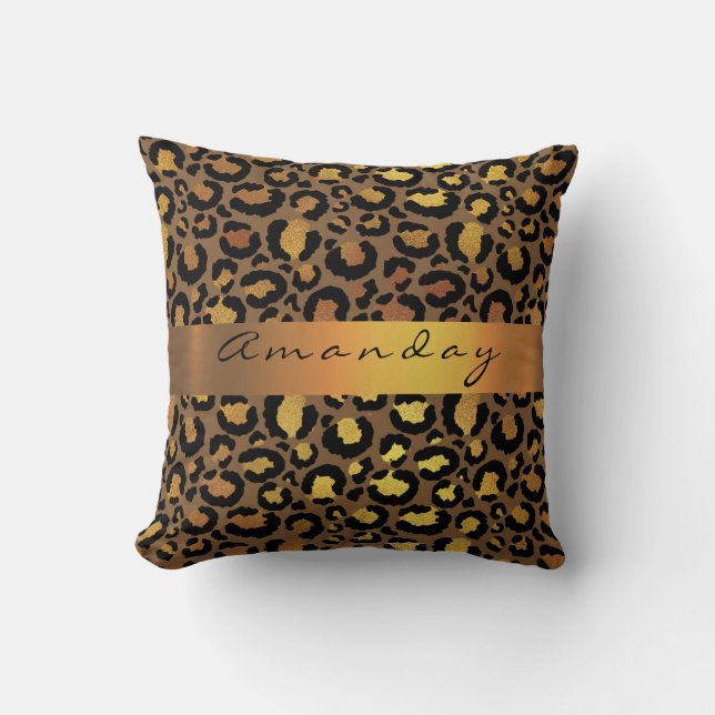 Leopard Animal Black Lux Gold Stripe Name Africa Cushion (Front)