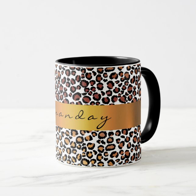 Leopard Animal Black White Gold Stripe Name Coffe Mug (Front Right)