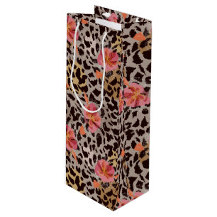 Leopard Animal Pattern Tropical Pink Flowers Wine Gift Bag