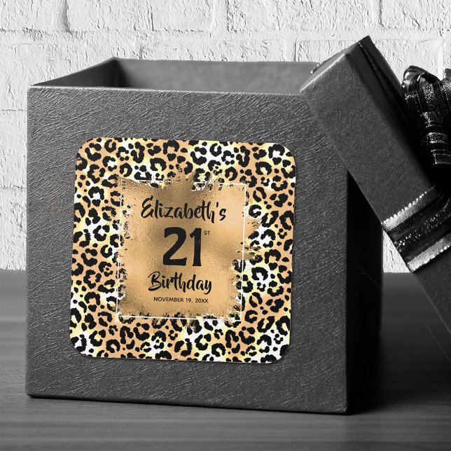 Leopard Animal Print 21st Birthday Personalised Square Sticker (Creator Uploaded)