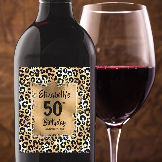 Leopard Animal Print 50th Birthday Personalised Wine Label (Creator Uploaded)