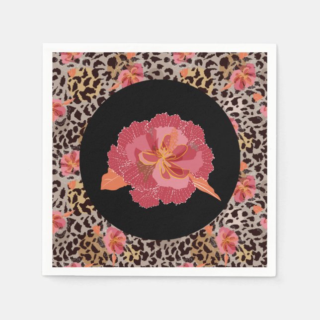 Leopard Animal Print and Pink Flowers on Black Napkin (Front)