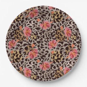Leopard Animal Print and Pink Flowers Paper Plate
