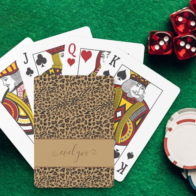 Leopard Animal Print Brown and Black Script Name Playing Cards (Creator Uploaded)