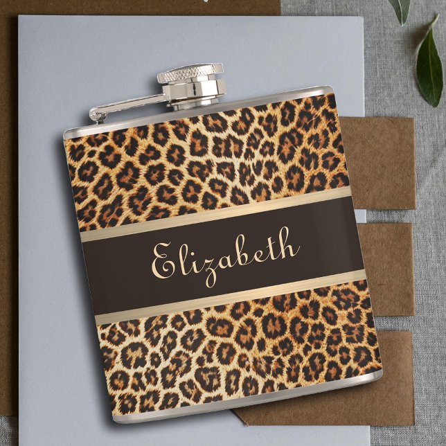 Leopard Animal Print Brown & Gold Stripe Glamour Hip Flask (Creator Uploaded)