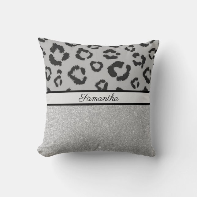 Leopard Animal Print Cheetah Glitter Silver Cushion (Front)