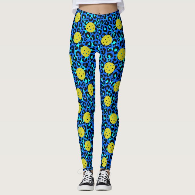 Leopard Animal Print Fun Blue Yellow Pickleball Leggings (Front)