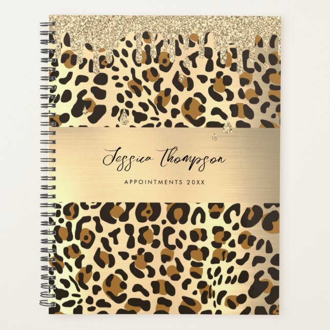 Leopard Animal Print Gold Pink Glitter Drips  Planner (Front)