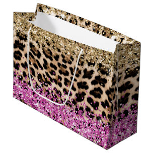 Leopard Animal Print Gold Pink Glitzy Glitter  Large Gift Bag