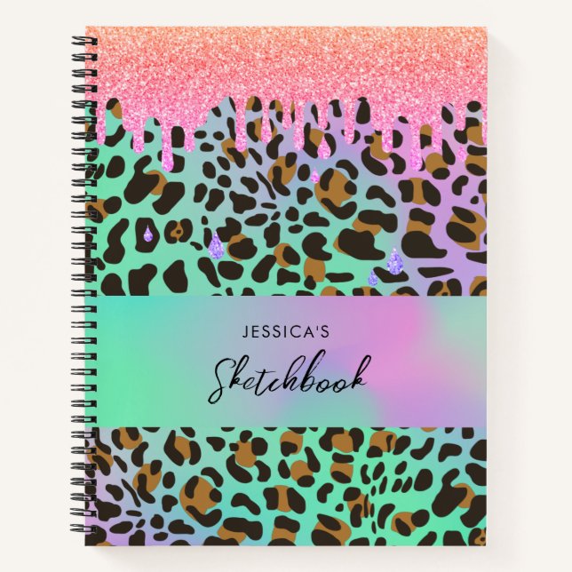 Leopard Animal Print Holographic Glitter Drips Notebook (Front)