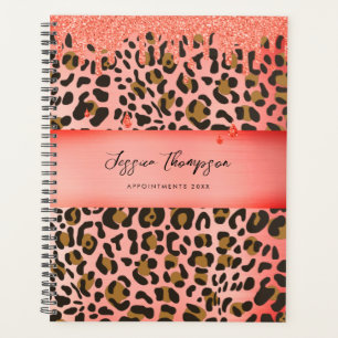 Leopard Animal Print Metallic Red Glitter Drips Planner