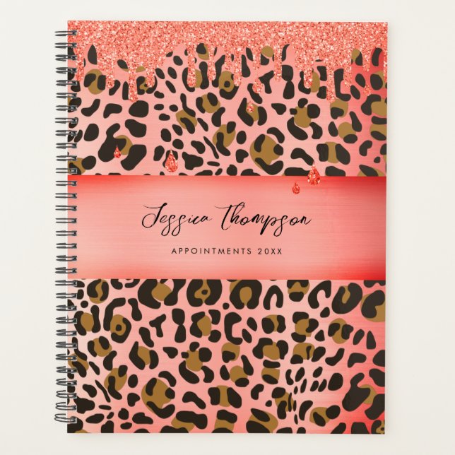 Leopard Animal Print Metallic Red Glitter Drips  Planner (Front)