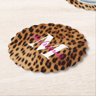 Leopard Animal Print Monogram Paper Coaster
