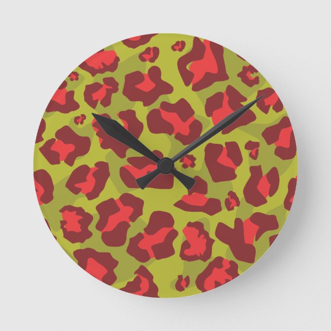 Leopard animal print pattern in red, olive green round clock (Front)