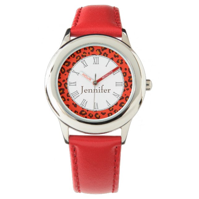 Leopard animal print red name wrist watch (Front)