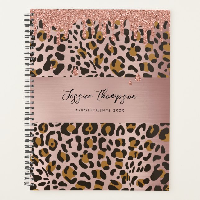 Leopard Animal Print Rose Gold Pink Glitter Drips  Planner (Front)