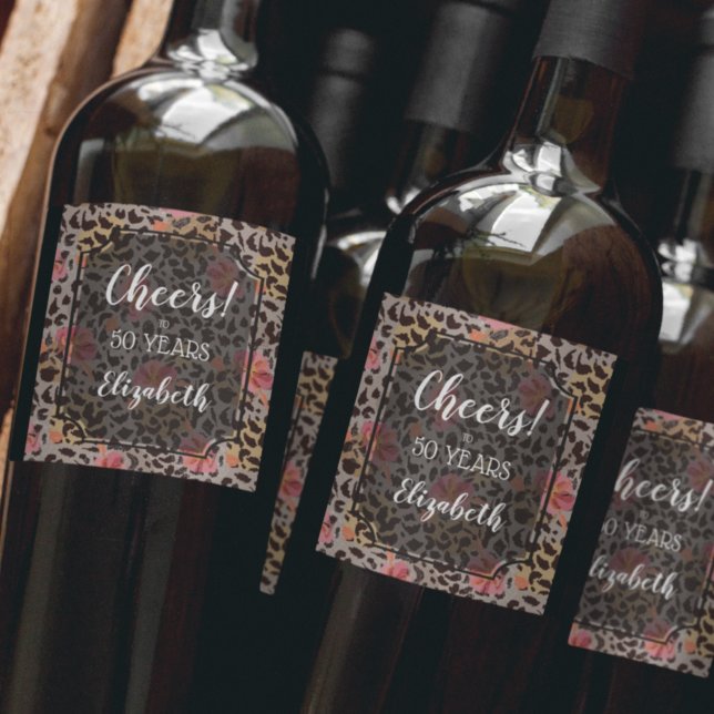 Leopard Animal Print Tropical Pink Floral Wine Label (Creator Uploaded)