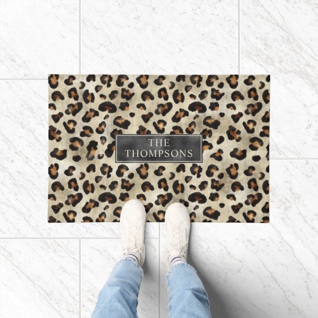 Leopard Animal Print With Black Faux Foil And Name Doormat (Indoor)