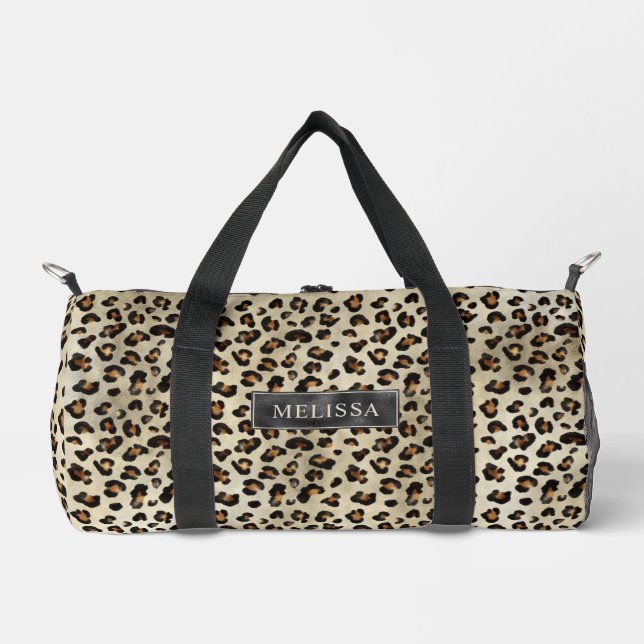 Leopard Animal Print With Black Faux Foil And Name Duffle Bag (Front)