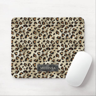 Leopard Animal Print With Black Faux Foil And Name Mouse Pad