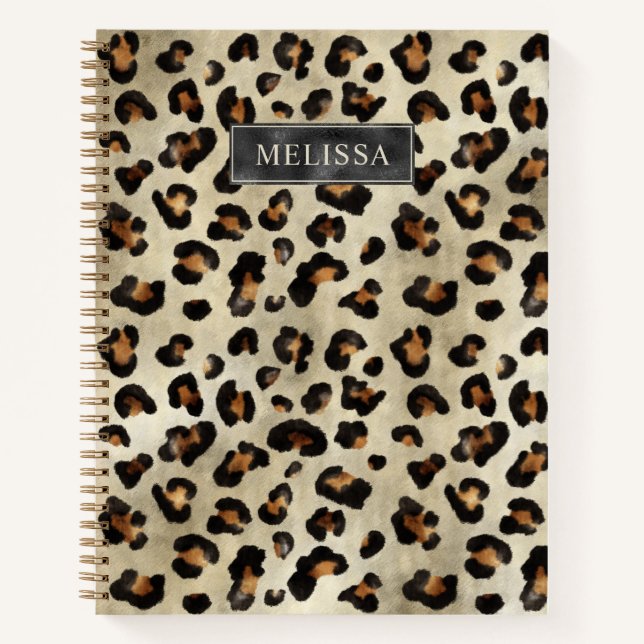 Leopard Animal Print With Black Faux Foil And Name Notebook (Front)