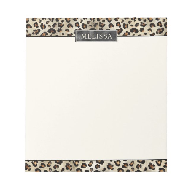 Leopard Animal Print With Black Faux Foil And Name Notepad (Front)