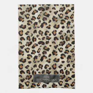Leopard Animal Print With Black Faux Foil And Name Tea Towel